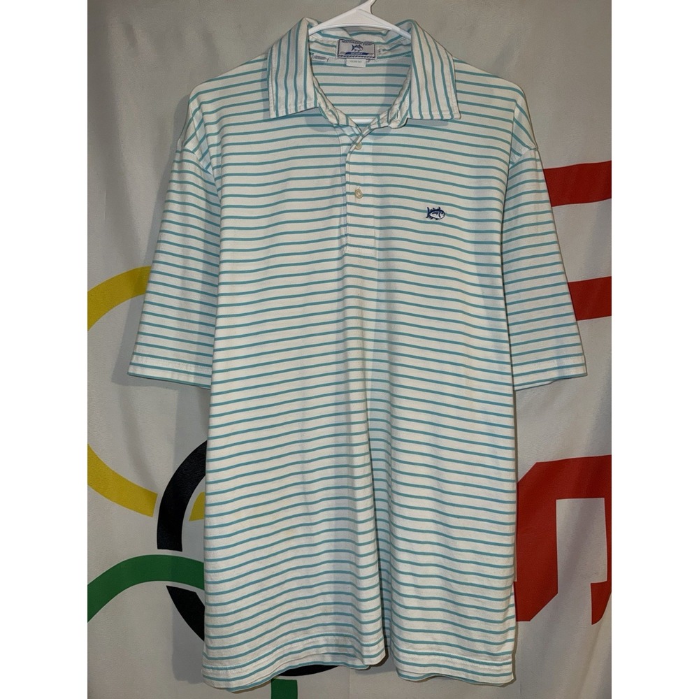 Southern Tide Polo Shirt Large Blue Striped Club Fit Pima Cotton Golf